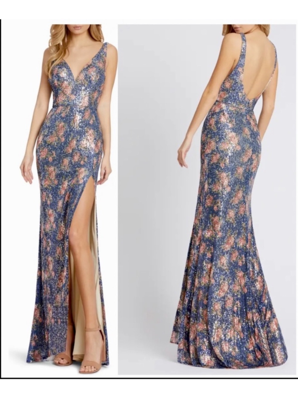 MAC DUGGAL  Rose Print Sequin Trumpet Gown